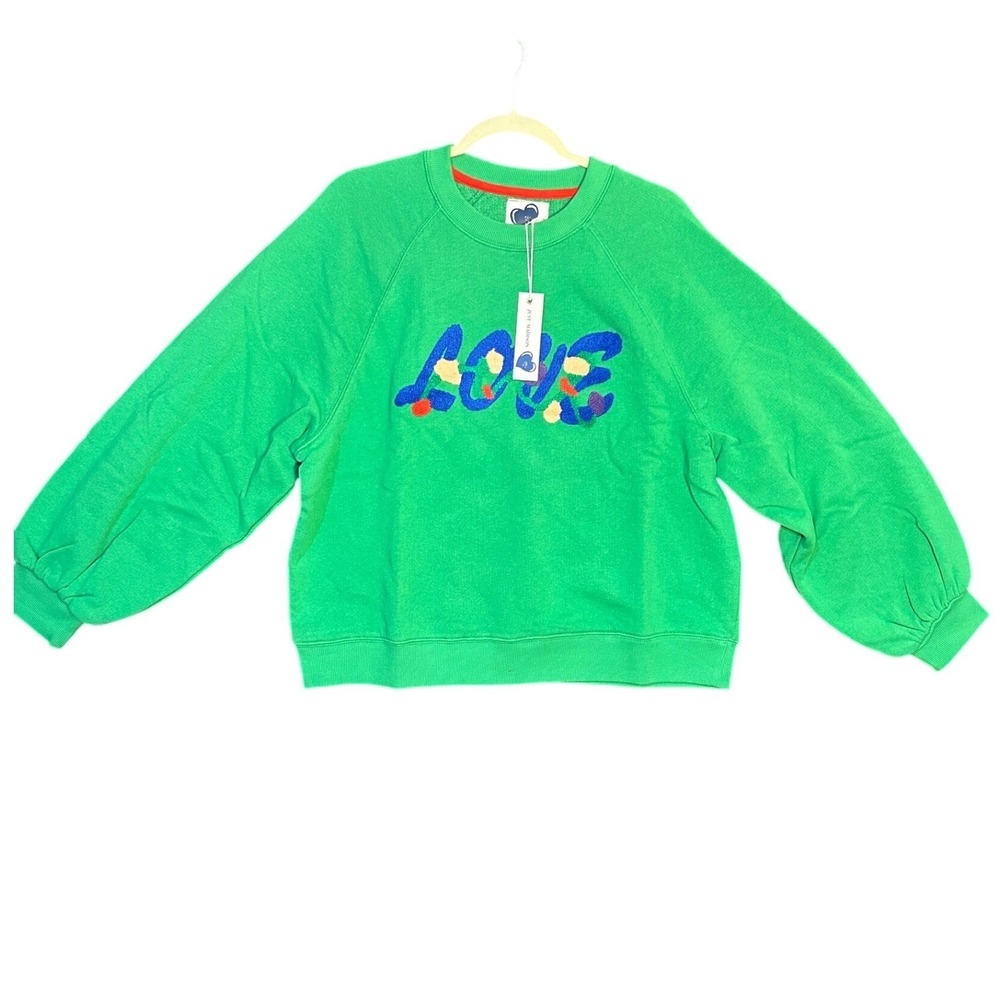 JUST MADISON Womens Green Love Embroidered Sweatshirt XL Ballon Sleeve Soft
